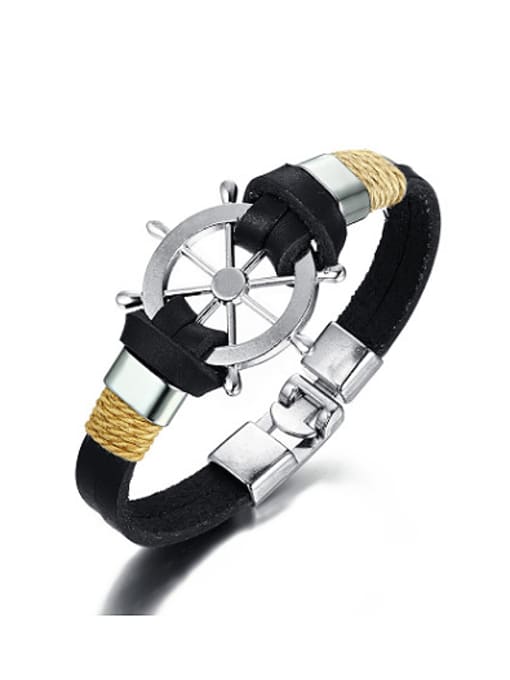 CONG Personality Black Artificial Leather Geometric Alloy Bracelet 0