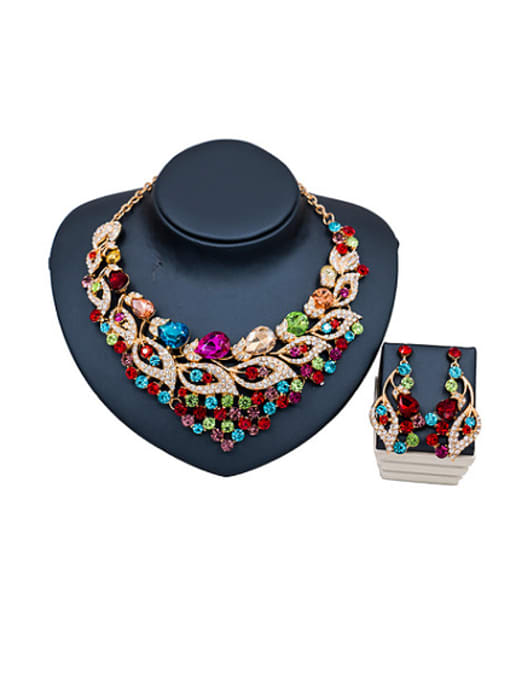 multicolor Fashion Leaves shaped Glass Rhinestones Two Pieces Jewelry Set