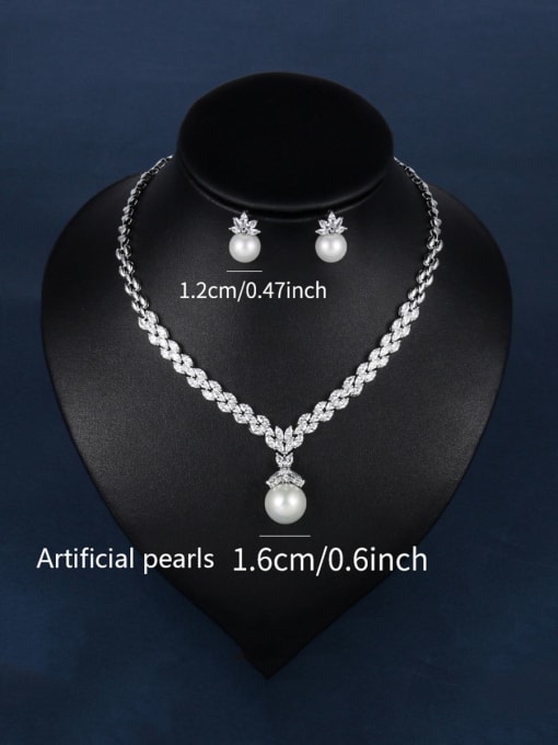 1.6cm Pearl Copper With Platinum Plated Delicate Leaf Earrings And Necklaces 2 Piece Jewelry Set