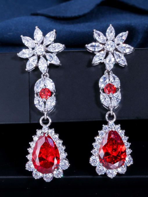 gules Copper With Cubic Zirconia  Luxury Flower Engagement Cluster Earrings