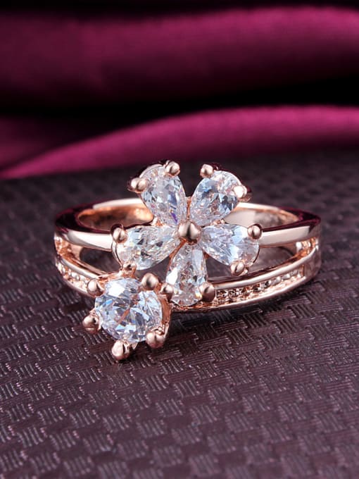 SANTIAGO Exquisite 18K Rose Gold Plated Flower Shaped Zircon Ring 1