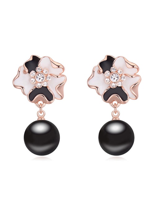 Black Elegant Imitation Pearl Flowery Alloy Stud Earrings