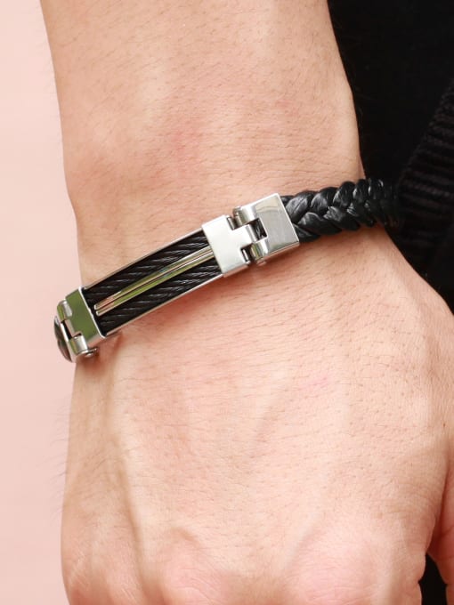 Open Sky Titanium Black Woven Artificial Leather Men Bracelet 1