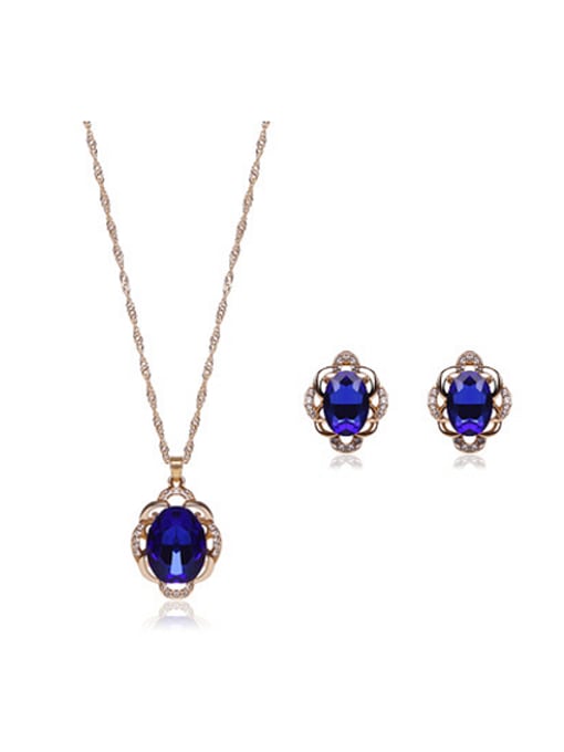 Royal Blue Alloy Imitation-gold Plated Fashion Oval Stone Two Pieces Jewelry Set