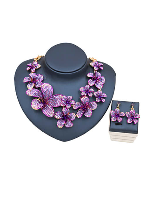 Purple Flower Glass Rhinestones Two Pieces Jewelry Set