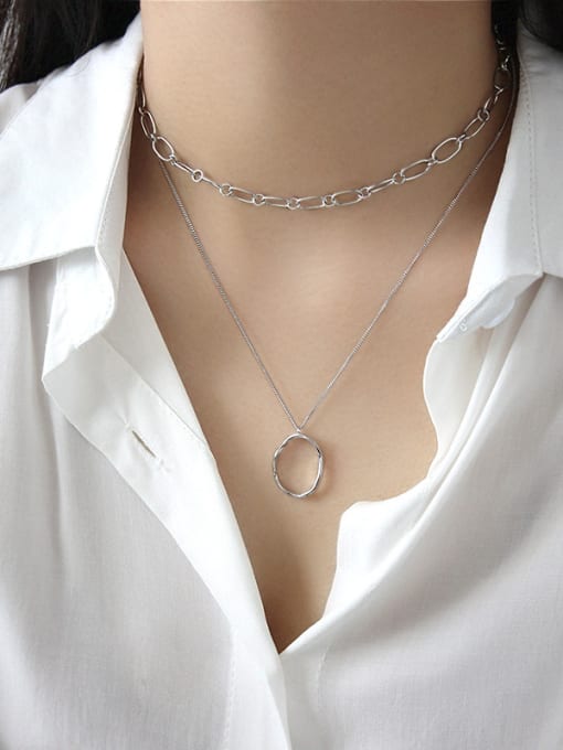 DAKA 925 Sterling Silver With Hollow  Simplistic Geometric Oval Necklaces 3