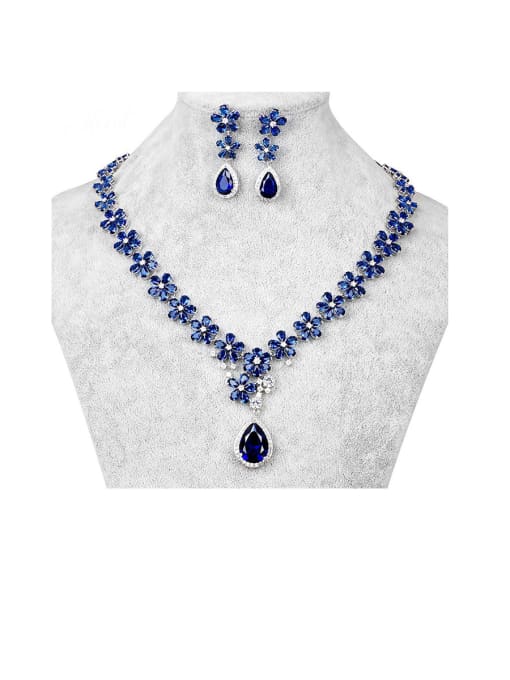 blue Copper With Platinum Plated Delicate Flower Earrings And Necklaces  2 Piece Jewelry Set