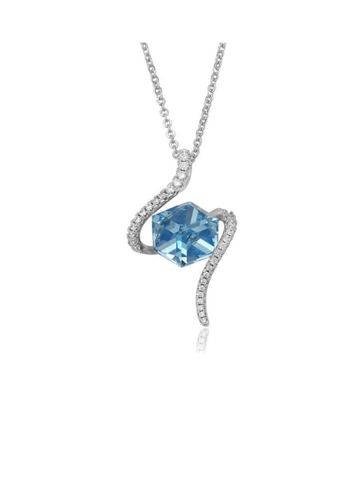 Blue Copper Alloy White Gold Plated Cube Crystal Necklace