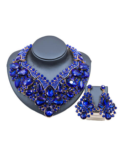 Royal Blue Water Drop Glass and Rhinestones Exaggerated Two Pieces Jewelry Set
