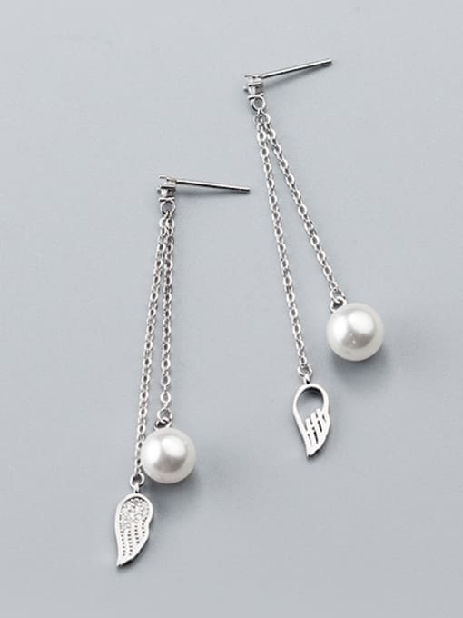 white Women Elegant Feather Shaped Pearl S925 Silver Drop Earrings