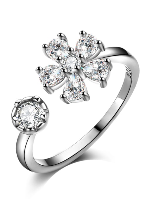 White Gold Fashionable Flower-shape Zircons Opening Ring