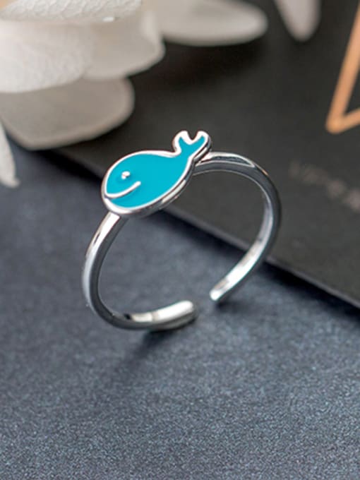 blue Lovely Open Design Whale Shaped S925 Silver Enamel Ring