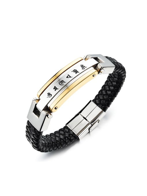 Gold Personalized Titanium Woven Black PU Men Bracelet