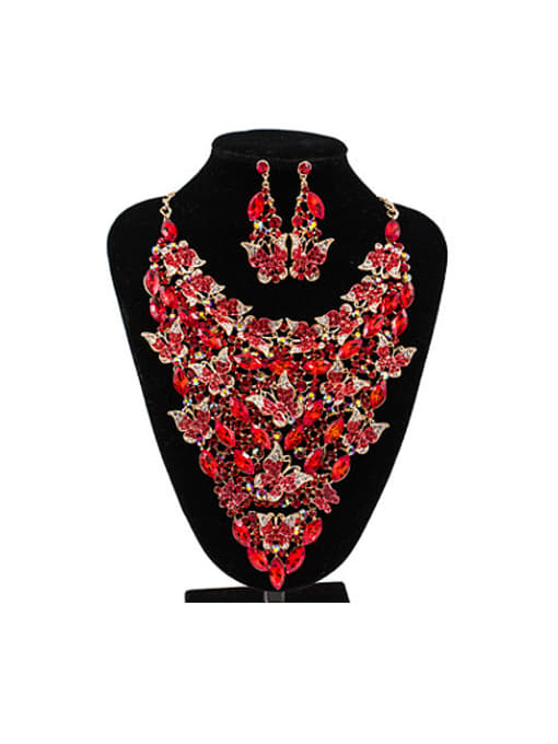 Red Butterflies Glass Rhinestones Two Pieces Jewelry Set
