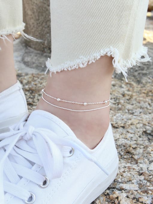 DAKA 925 Sterling Silver With Silver Plated Personality Beads double chain Anklets 1