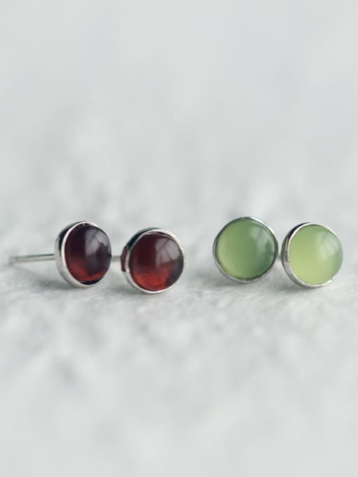 Rosh S925 Silver  Minimalist Round Red Garnet, Grape Green Agate stud Earring 2