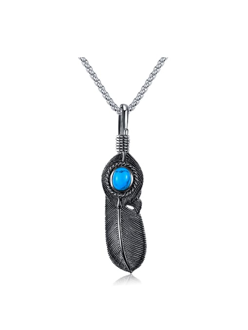 black Retro style Feather Blue Stone Titanium Necklace