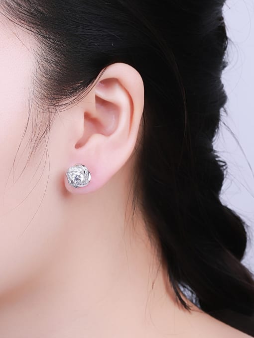 One Silver Flower Shaped Zircon Stud Earrings 1