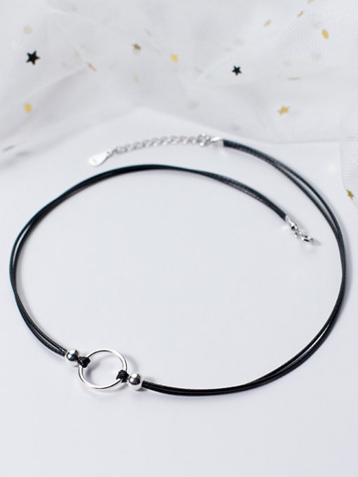 black Fashionable Round Shaped Artificial Leather Silver Choker
