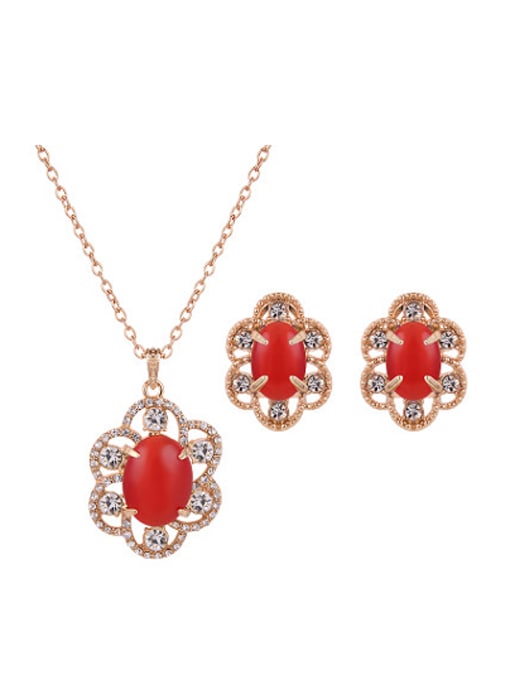 red Alloy Imitation-gold Plated Fashion Artificial Stones Flower shaped Two Pieces Jewelry Set