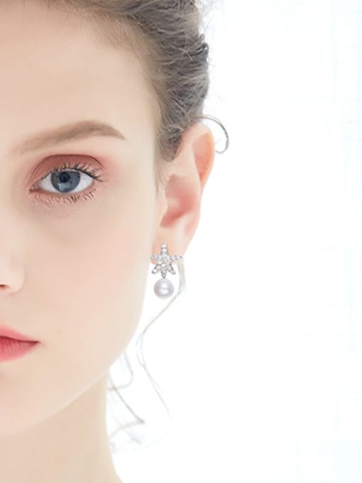 CEIDAI Fashion Artificial Pearl Shiny Zirconias-covered Star 925 Silver Stud Earrings 1