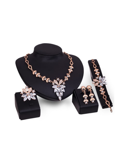 White Alloy Imitation-gold Plated Fashion Flower-shaped Artificial Gemstones Four Pieces Jewelry Set