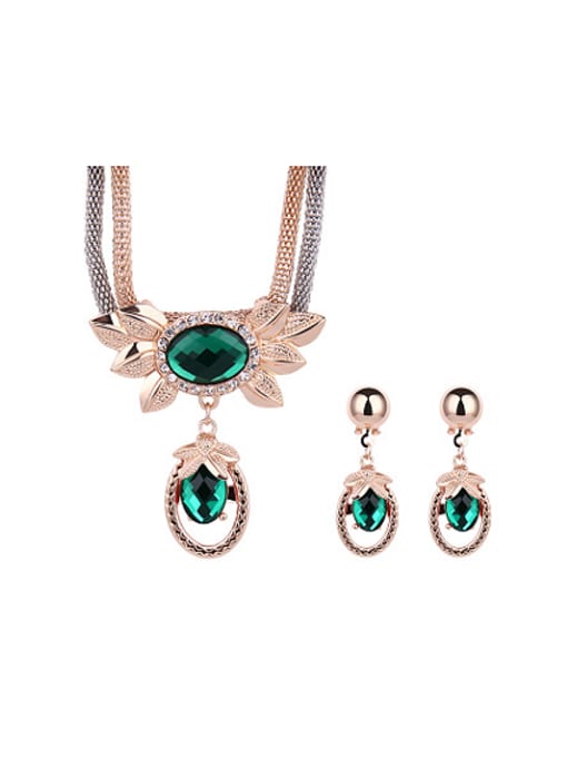 green Alloy Imitation-gold Plated Fashion Artificial Stones Oval-shaped Two Pieces Jewelry Set