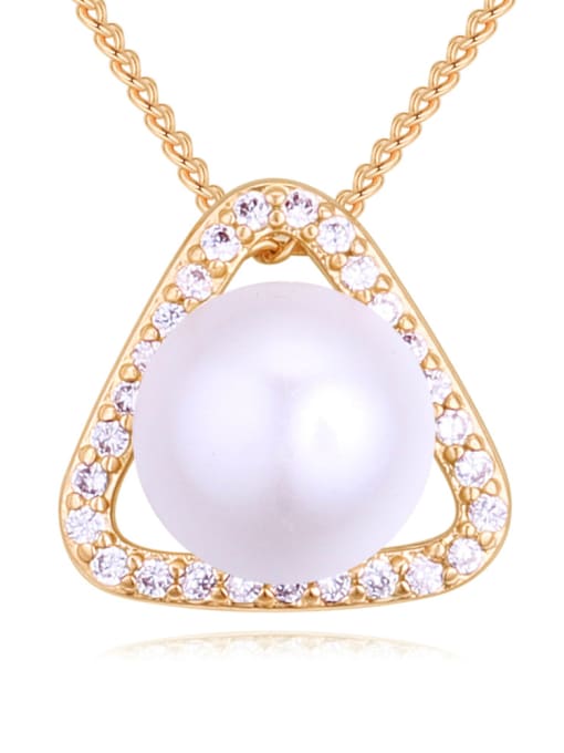 Champagne Gold Fashion Imitation Pearl Shiny Cubic Zirconias Triangle Pendant Alloy Necklace