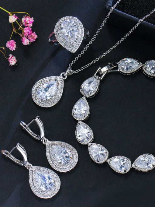 L.WIN Luxury Shine  AAA Zircon Necklace Earrings Bracelet ring 4 Piece jewelry set