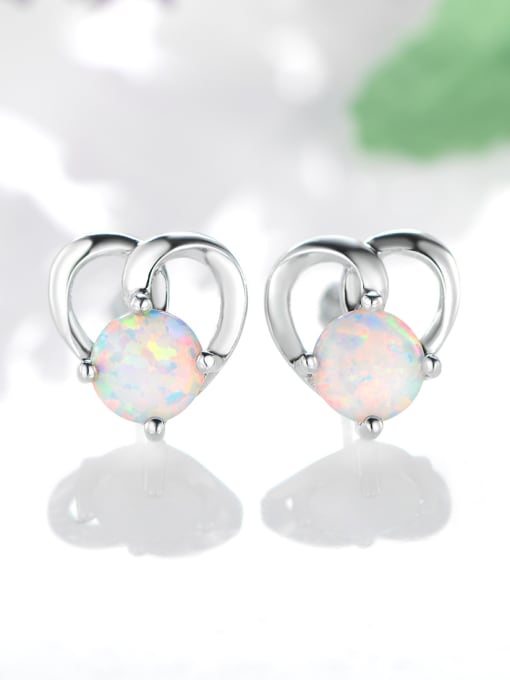 White 925 Sterling Silver With Opal Simplistic Heart Stud Earrings