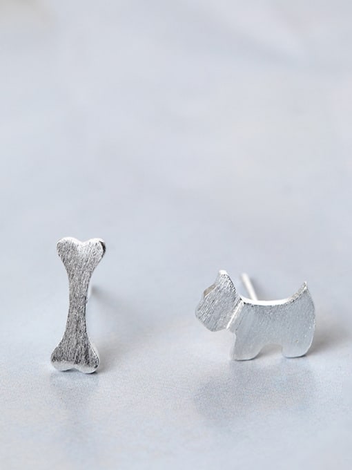 SILVER MI Asymmetrical Simple Tiny Dog Bone 925 Silver Stud Earrings 0