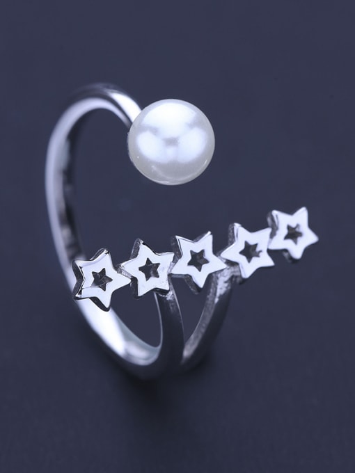 One Silver Personalized Tiny Hollow Stars Artificial Pearl 925 Silver Opening Ring 3