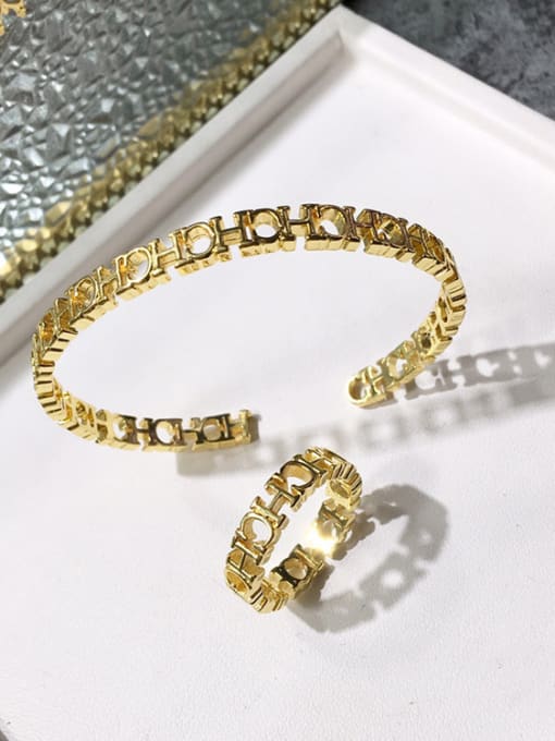 My Model Copper plated gold glossy CHC letter open bracelet ring 1