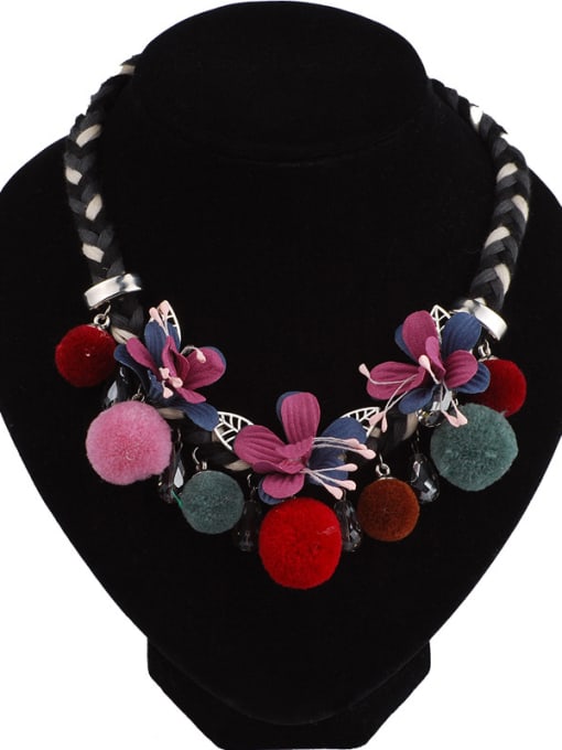 Qunqiu Retro style Colorful Pompon Cloth Flowers Woven Necklace