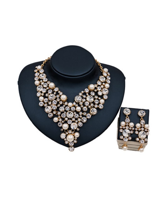 Gold White Pearl Glass Rhinestones Two Pieces Jewelry Set