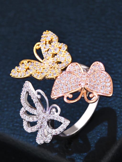 silvery Copper With  Cubic Zirconia Trendy Flower Statement Rings