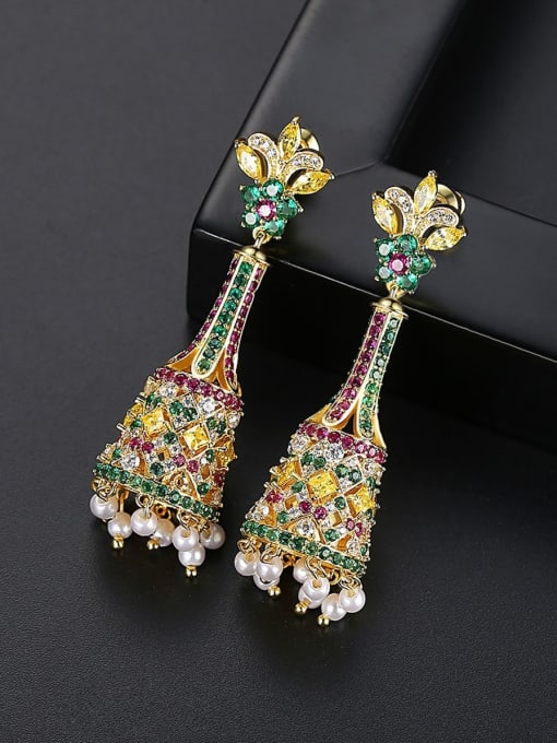 BLING SU Copper With Gold Plated Ethnic Vintage Color Long Bells Pearls Chandelier Earrings 2
