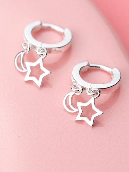 white Fresh Moon And Star Shaped S925 Silver Clip Earrings