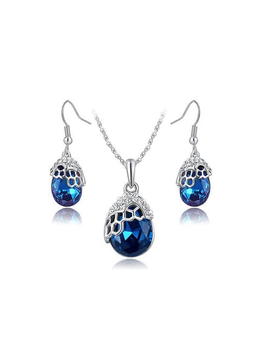 Platinum Luxury Blue Water Drop Austria Crystal Two Pieces Jewelry Set