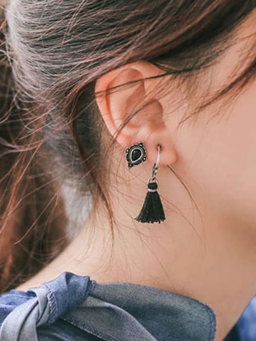 DAKA Asymmetrical Black Carnelian Tassels Silver Stud Earrings 1