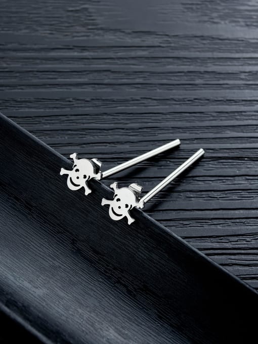Open Sky Stainless Steel With Platinum Plated Vintage Smooth Skull Threader Earrings 2