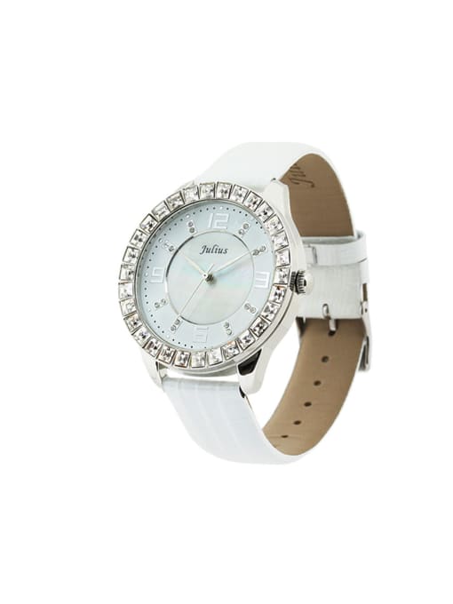 JULIUS Fashion White Alloy Japanese Quartz Round Genuine Leather Women's Watch 40-43.5mm 0