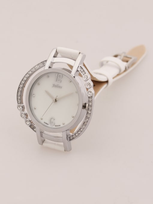JULIUS Model No 1000003293 Fashion White Alloy Japanese Quartz Round Genuine Leather Women's Watch 24-27.5mm 0