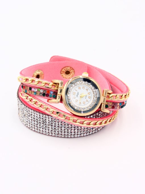 HUA YAGE Fashion Pink Alloy Quartz Round Faux Leather Women's Watch 24-27.5mm 0