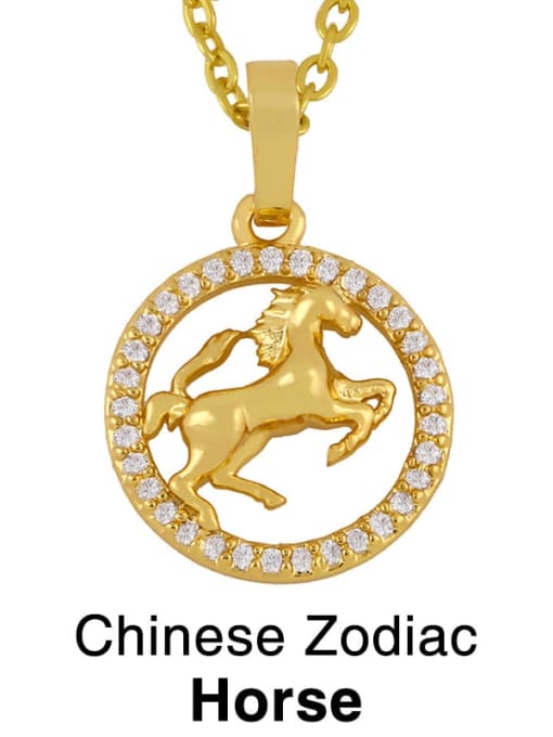 Horse hores Brass Cubic Zirconia Ethnic 12 Zodiac Pendant  Necklace
