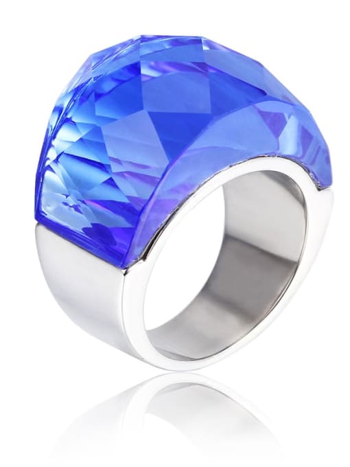 Steel Color, Blue Titanium Steel Glass Stone Geometric Ring with waterproof