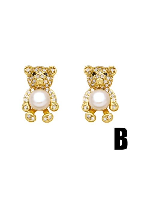 B Brass Cubic Zirconia Animal Cute Bear Stud Earring