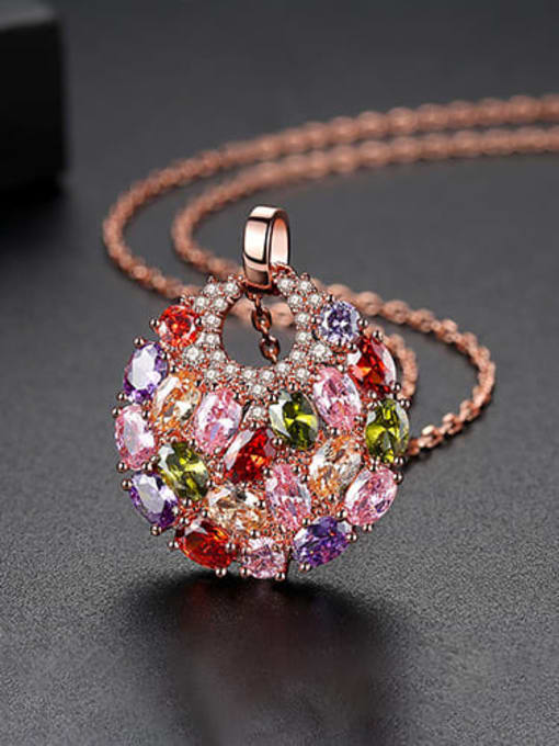 Rose gold t11d19 Copper Cubic Zirconia Luxury Multi Color Round Pendant  Necklace