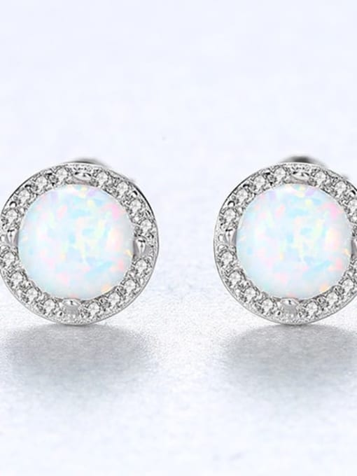 White 18e04 925 Sterling Silver Opal Round Minimalist Stud Earring