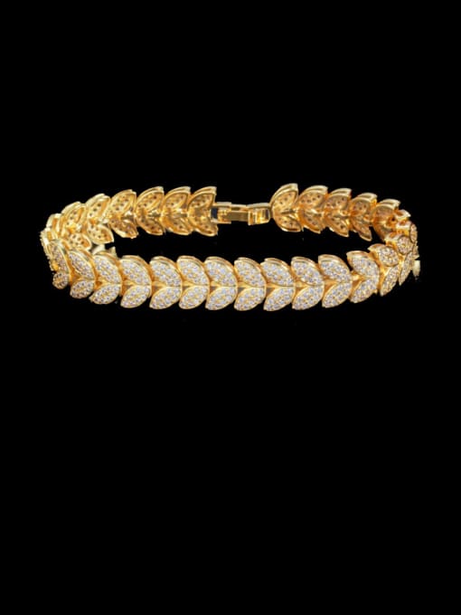 Golden Brass Cubic Zirconia Leaf Luxury Bracelet